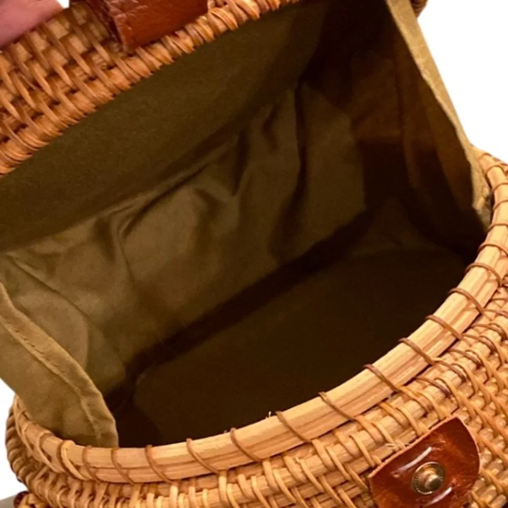 Rattan Wicker Boho Cloth Lined Bag Purse Cross body Leather Strap Antik Kraft - Picture 5 of 7